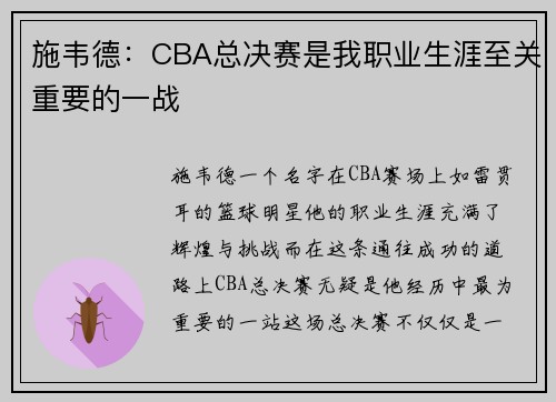 施韦德：CBA总决赛是我职业生涯至关重要的一战