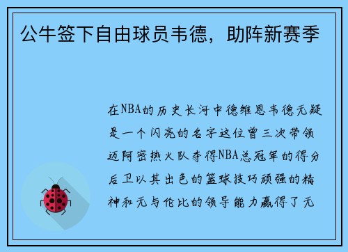 公牛签下自由球员韦德，助阵新赛季